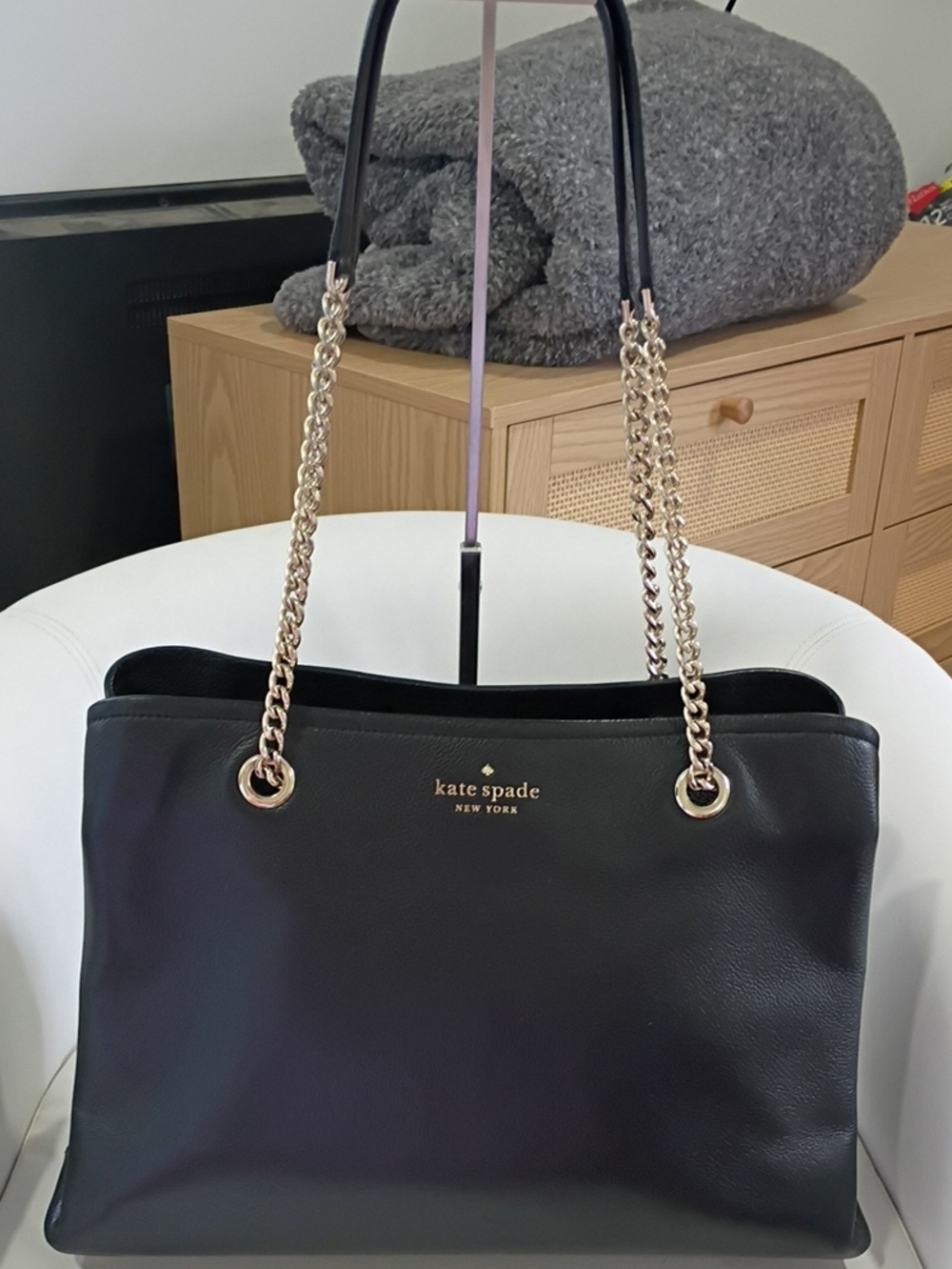 kate spade Jordyn Large Black Leather Shoulder Bag with Gold Chain Handles